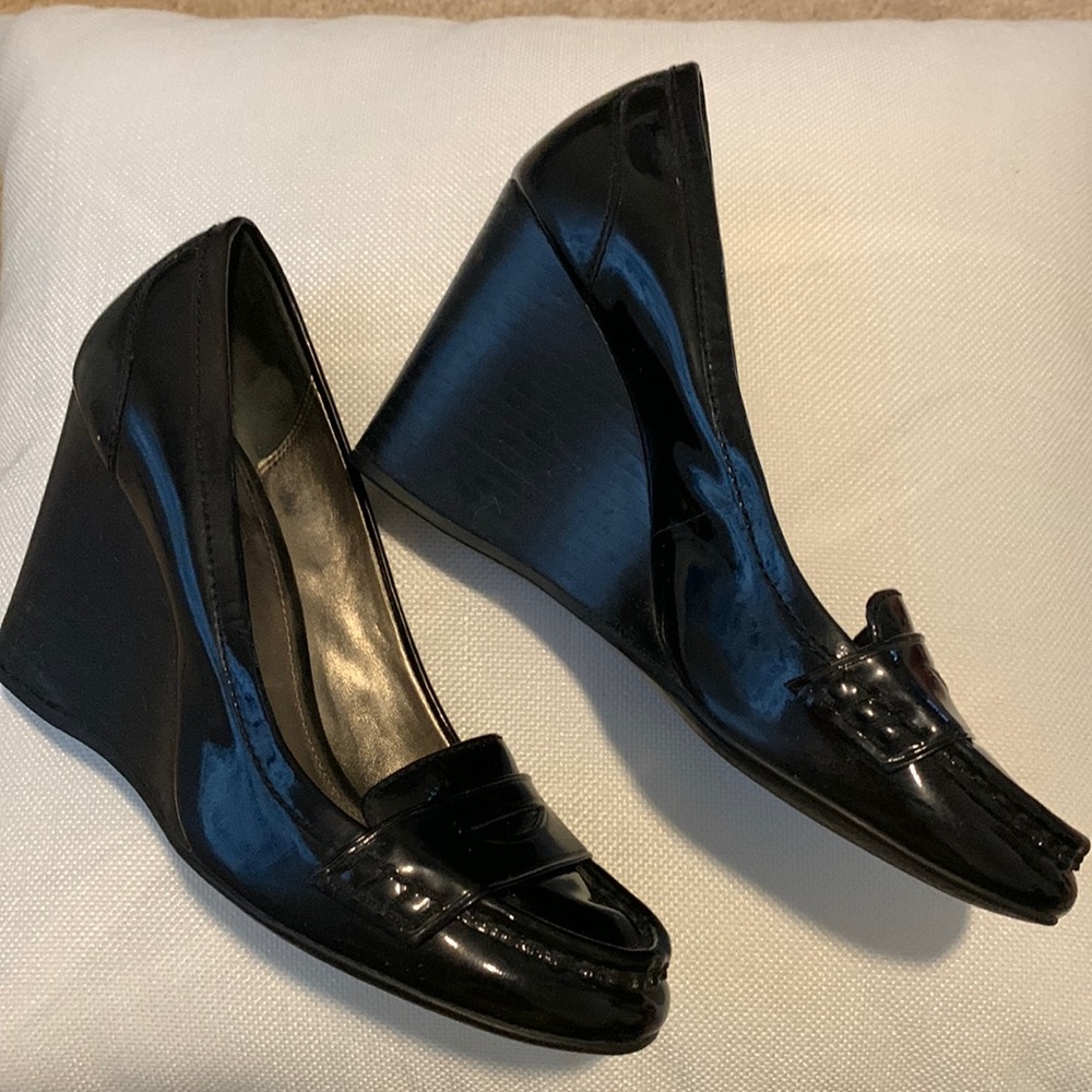 Coach black patent wedges